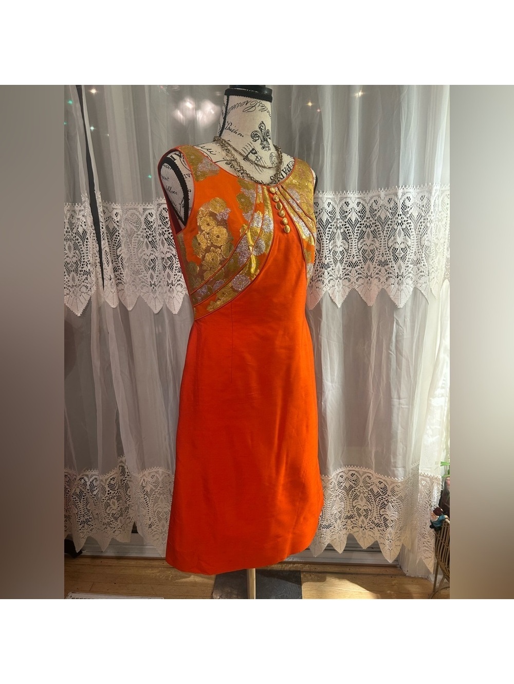 Vintage 1960s Van Ziang Hong Kong Brocade Dress & Coat Set (De Luxe Line) orange